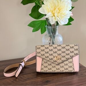 NWT Michael Kors Beige MK Logo Belt Bag with Pale Pink Trim S/M